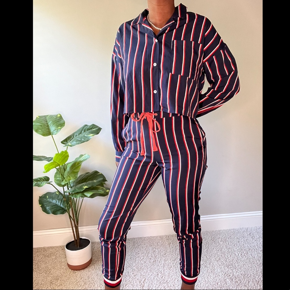 Fashion Nova Two Piece Strip Pants Set- Blue, Red, White - M